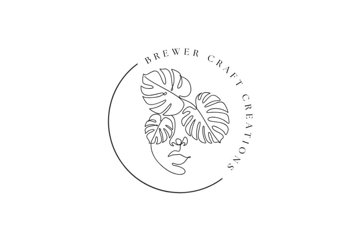 BrewerCraftCreations Logo: 3 line-art monstera forming a veil over a woman's face in a continuous design